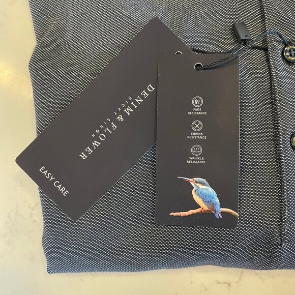 Denim & Flower Ricky Singh Easy Care 3 Button SS Poly Polo Shirt Blue Sz M NWT - Picture 3 of 11